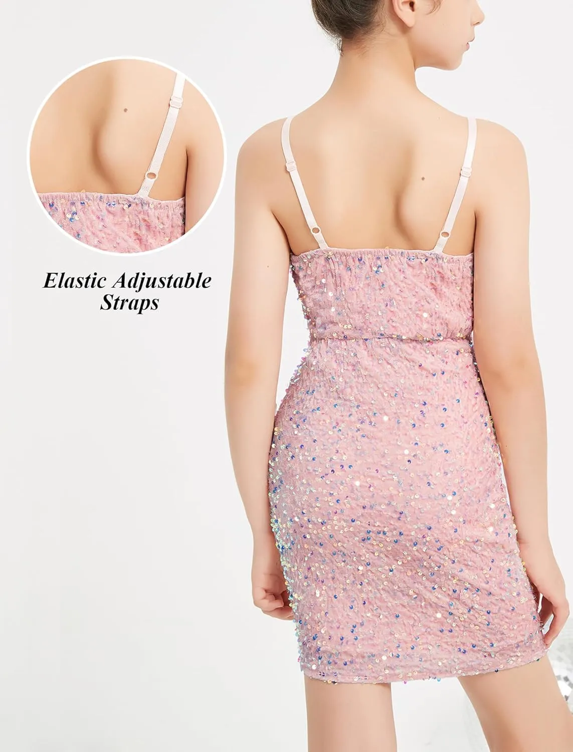EXARUS Girls Sequin Spaghetti Strap Bodycon Dress Ruched Sparkle Party Teen mini Special Occasion Velvet Splice Furry