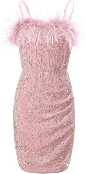 EXARUS Girls Sequin Spaghetti Strap Bodycon Dress Ruched Sparkle Party Teen mini Special Occasion Velvet Splice Furry