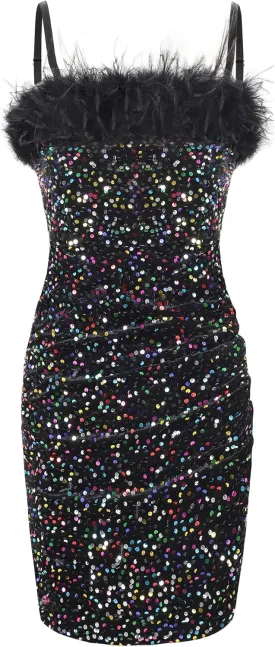 EXARUS Girls Sequin Spaghetti Strap Bodycon Dress Ruched Sparkle Party Teen mini Special Occasion Velvet Splice Furry