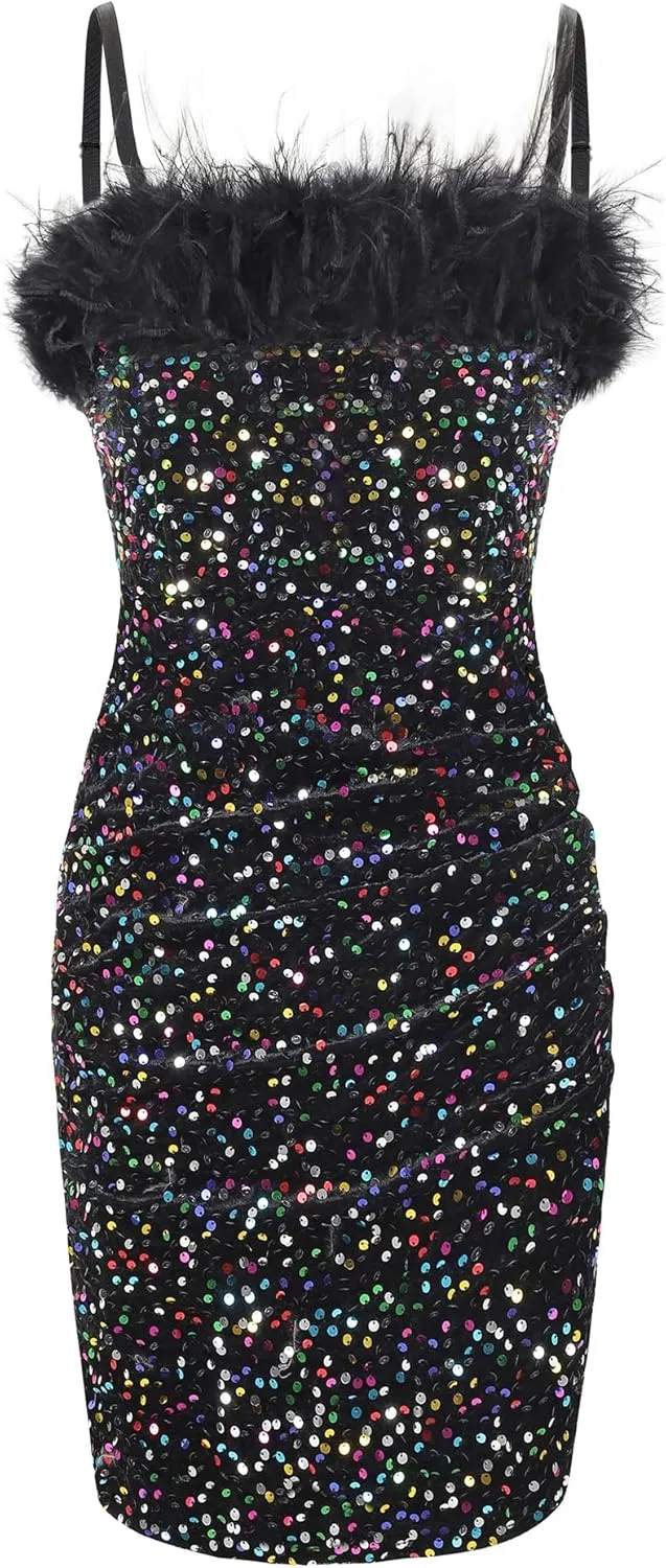 EXARUS Girls Sequin Spaghetti Strap Bodycon Dress Ruched Sparkle Party Teen mini Special Occasion Velvet Splice Furry