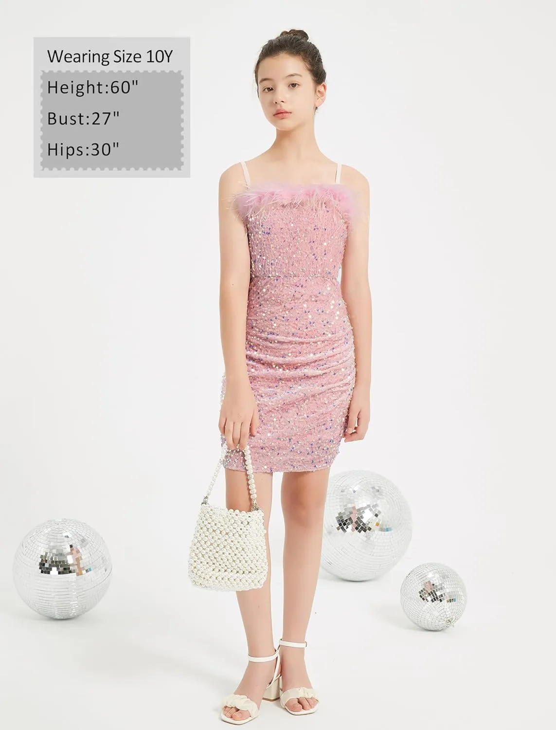 EXARUS Girls Sequin Spaghetti Strap Bodycon Dress Ruched Sparkle Party Teen mini Special Occasion Velvet Splice Furry
