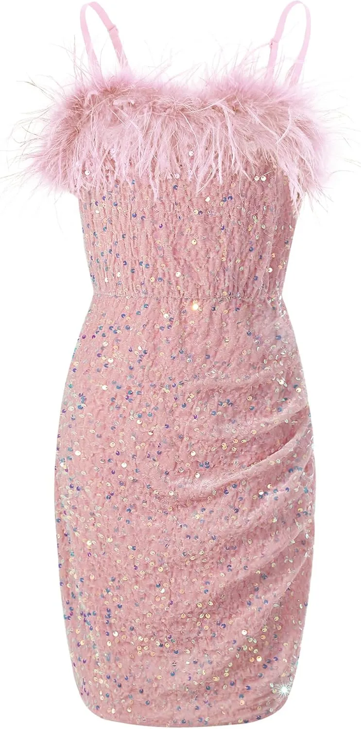 EXARUS Girls Sequin Spaghetti Strap Bodycon Dress Ruched Sparkle Party Teen mini Special Occasion Velvet Splice Furry