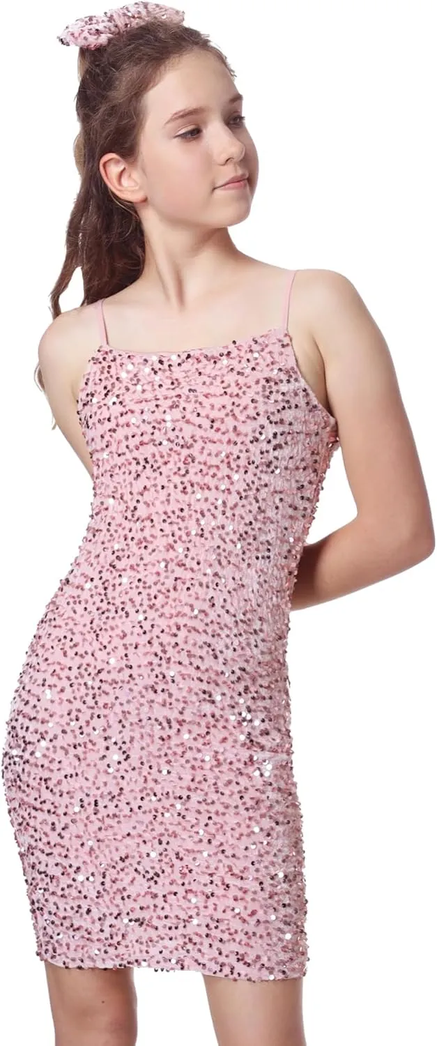 EXARUS Girls Sequin Spaghetti Strap Bodycon Dress Teen Sparkle Pencil Party Mini Special Occasion Birthday Velvet Dress