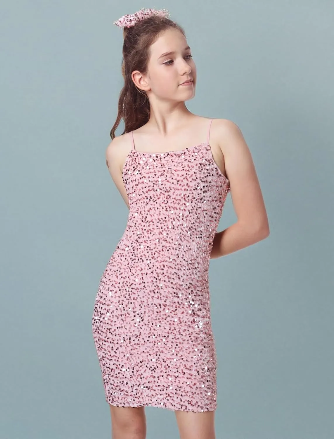 EXARUS Girls Sequin Spaghetti Strap Bodycon Dress Teen Sparkle Pencil Party Mini Special Occasion Birthday Velvet Dress