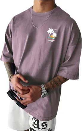 Floerns Men's Oversized Tree Print Half Sleeve Round Neck Drop Shoulder Tee Shirts