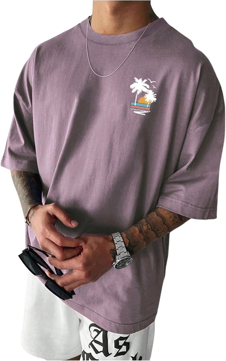 Floerns Men's Oversized Tree Print Half Sleeve Round Neck Drop Shoulder Tee Shirts