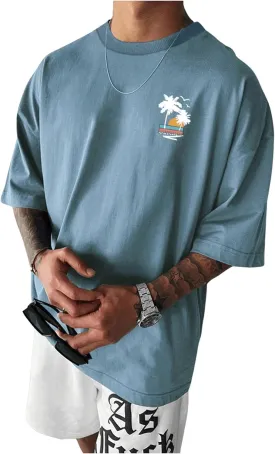 Floerns Men's Oversized Tree Print Half Sleeve Round Neck Drop Shoulder Tee Shirts