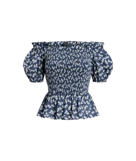 Floral Cotton Voile Peplum Blouse - Blue