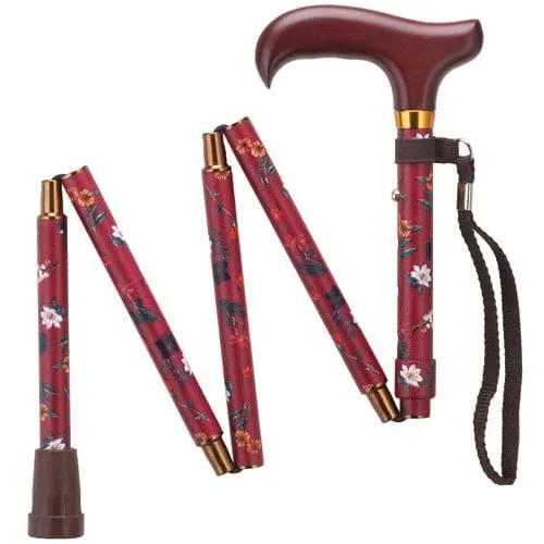 Folding Adjustable Travel Walking Cane in Black or Floral Prints