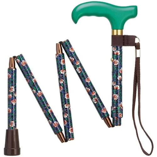Folding Adjustable Travel Walking Cane in Black or Floral Prints