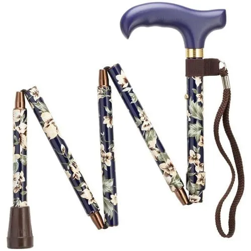 Folding Adjustable Travel Walking Cane in Black or Floral Prints