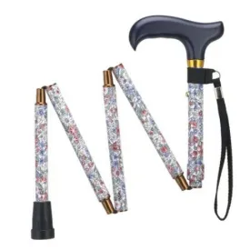 Folding Adjustable Travel Walking Cane in Black or Floral Prints