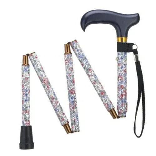 Folding Adjustable Travel Walking Cane in Black or Floral Prints