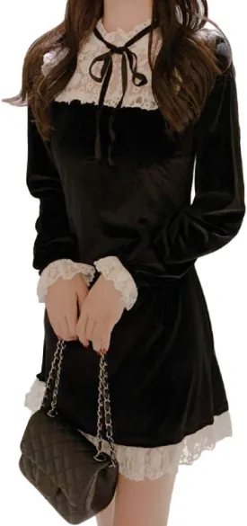 GK-O Women Lace Velvet Dress Ruffle Frill Gothic Lady Mini Retro Lolita Party Dress