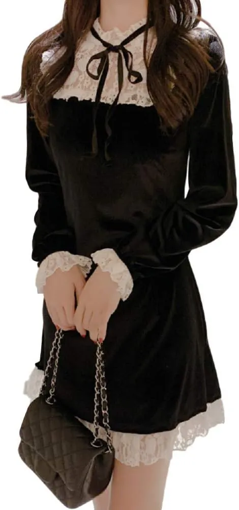 GK-O Women Lace Velvet Dress Ruffle Frill Gothic Lady Mini Retro Lolita Party Dress
