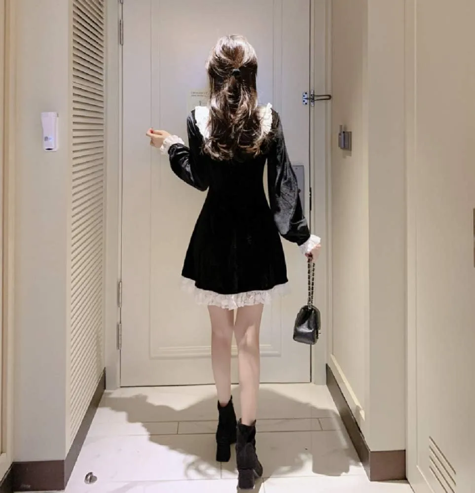 GK-O Women Lace Velvet Dress Ruffle Frill Gothic Lady Mini Retro Lolita Party Dress