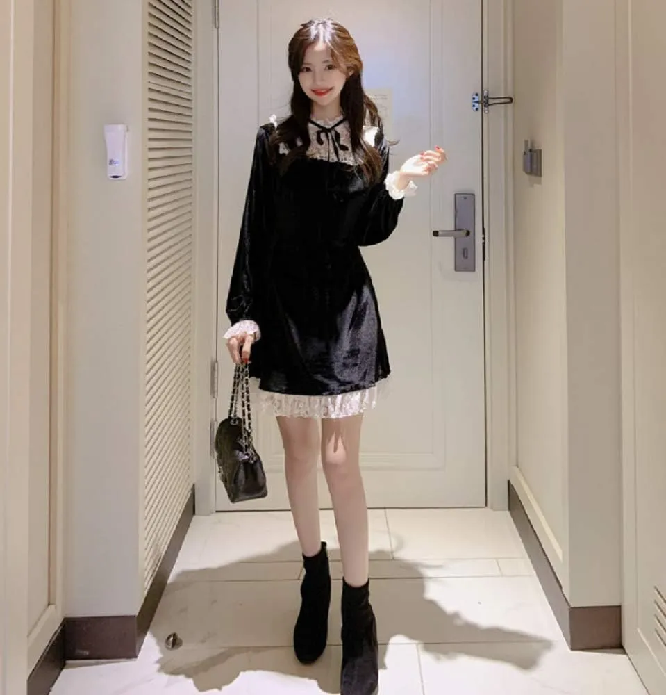GK-O Women Lace Velvet Dress Ruffle Frill Gothic Lady Mini Retro Lolita Party Dress