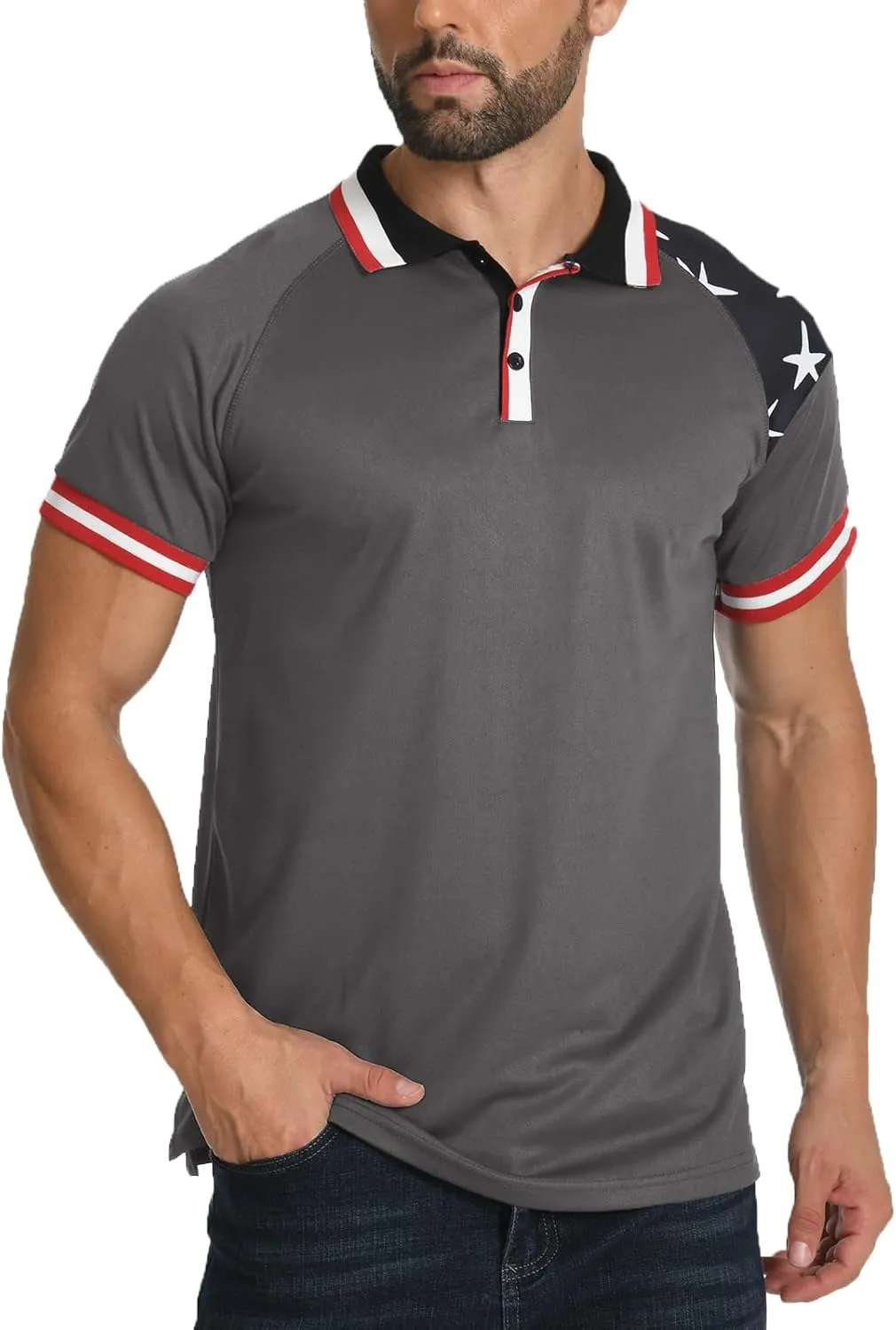 H HYFOL Short Sleeve Polo Shirts for Men Star Patchwork Graphic Stretch Casual American Patriotic Raglan Golf Polos for Men