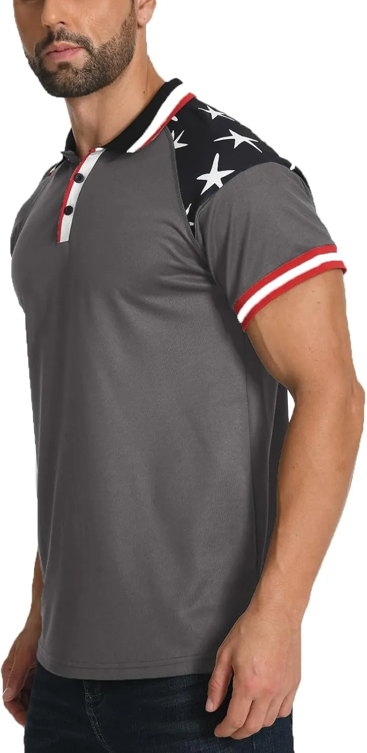 H HYFOL Short Sleeve Polo Shirts for Men Star Patchwork Graphic Stretch Casual American Patriotic Raglan Golf Polos for Men