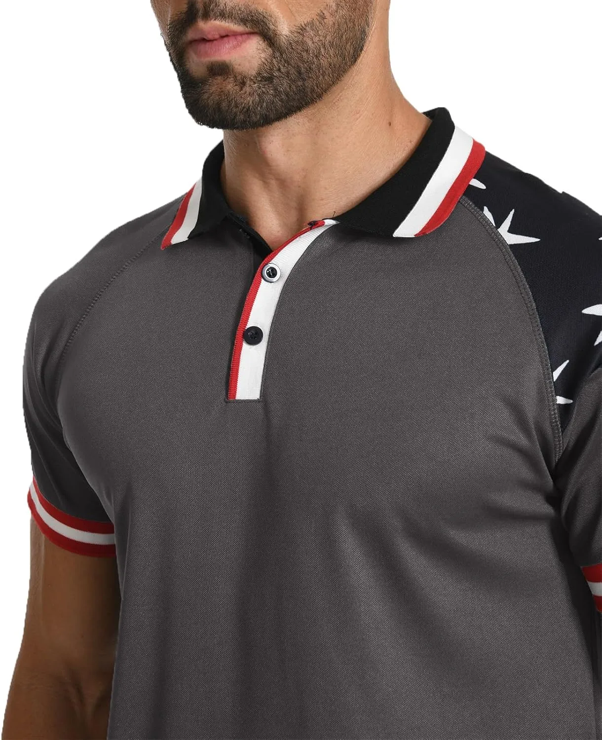 H HYFOL Short Sleeve Polo Shirts for Men Star Patchwork Graphic Stretch Casual American Patriotic Raglan Golf Polos for Men