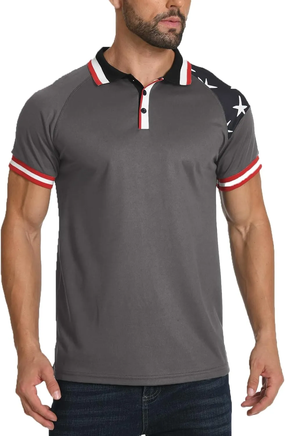 H HYFOL Short Sleeve Polo Shirts for Men Star Patchwork Graphic Stretch Casual American Patriotic Raglan Golf Polos for Men