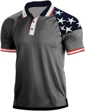 H HYFOL Short Sleeve Polo Shirts for Men Star Patchwork Graphic Stretch Casual American Patriotic Raglan Golf Polos for Men
