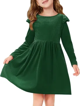 Haloumoning Girls Velvet Dress Ruffled Long Sleeve Casual Spring Fall Dress Princess Christmas Party Dress Winter Outfits