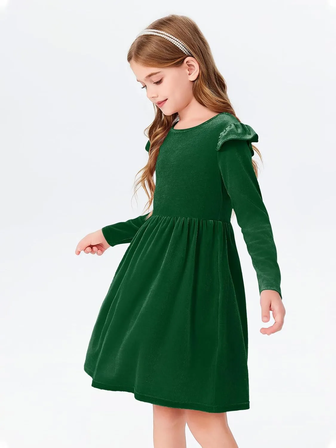 Haloumoning Girls Velvet Dress Ruffled Long Sleeve Casual Spring Fall Dress Princess Christmas Party Dress Winter Outfits