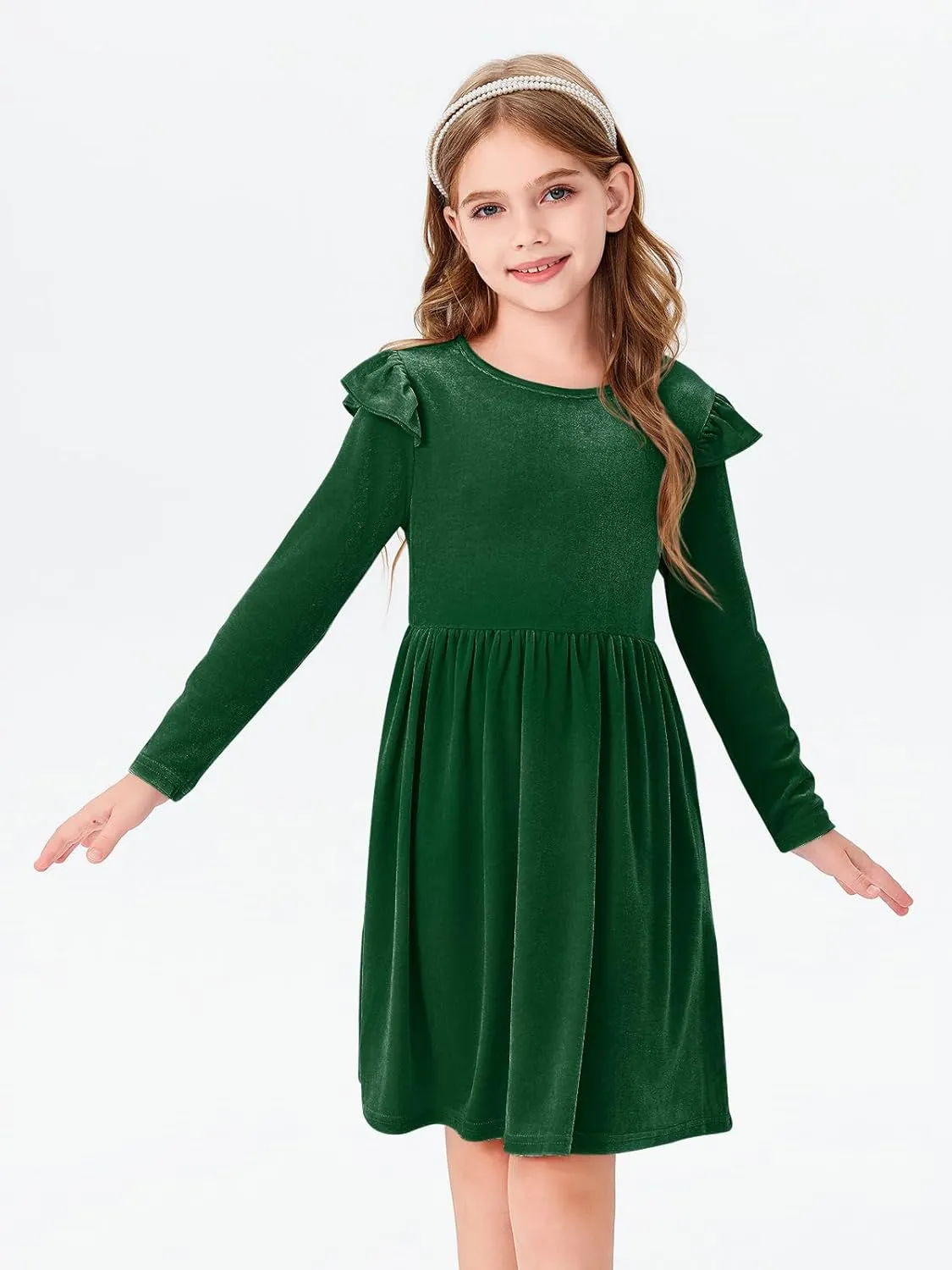 Haloumoning Girls Velvet Dress Ruffled Long Sleeve Casual Spring Fall Dress Princess Christmas Party Dress Winter Outfits