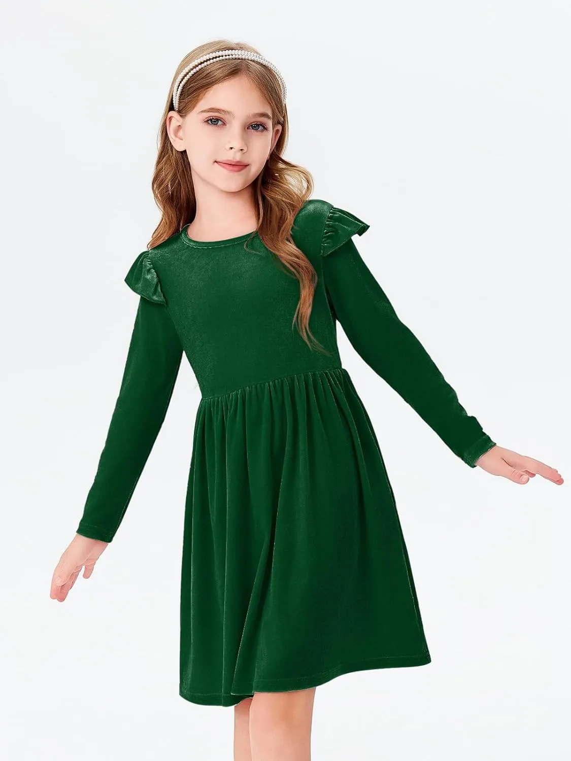 Haloumoning Girls Velvet Dress Ruffled Long Sleeve Casual Spring Fall Dress Princess Christmas Party Dress Winter Outfits