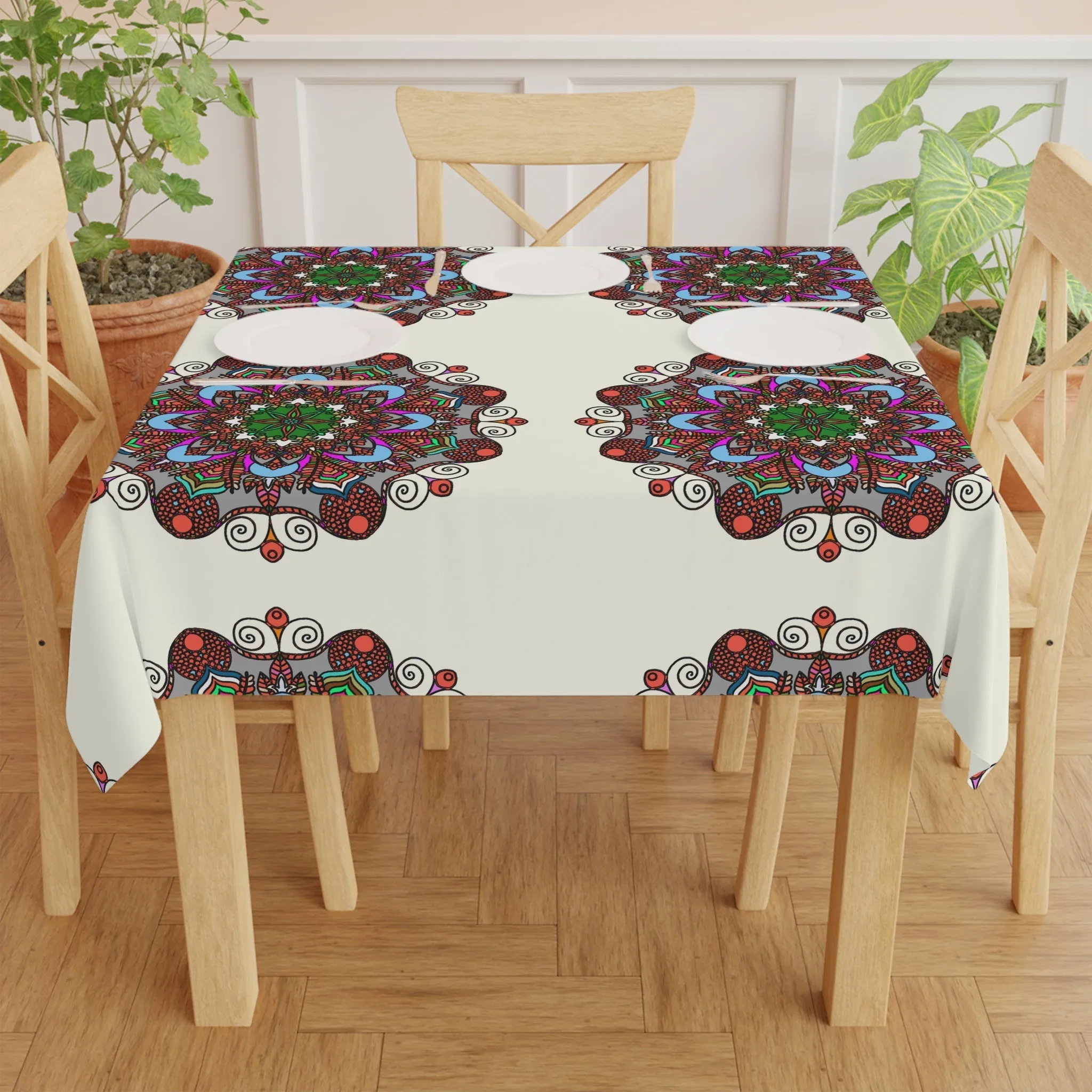 Handmade Mandala Art Ivory Tablecloth Square