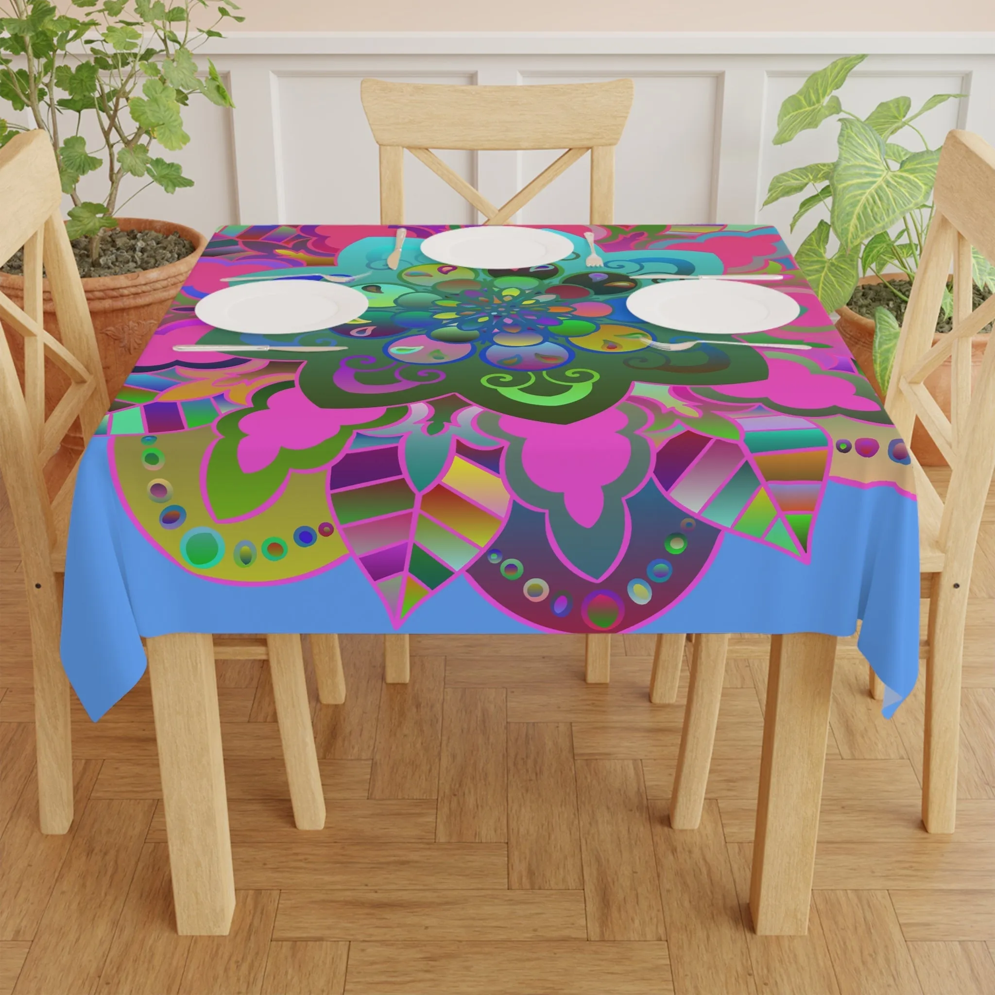 Handmade Mandala Art Tablecloth, Light Blue Square