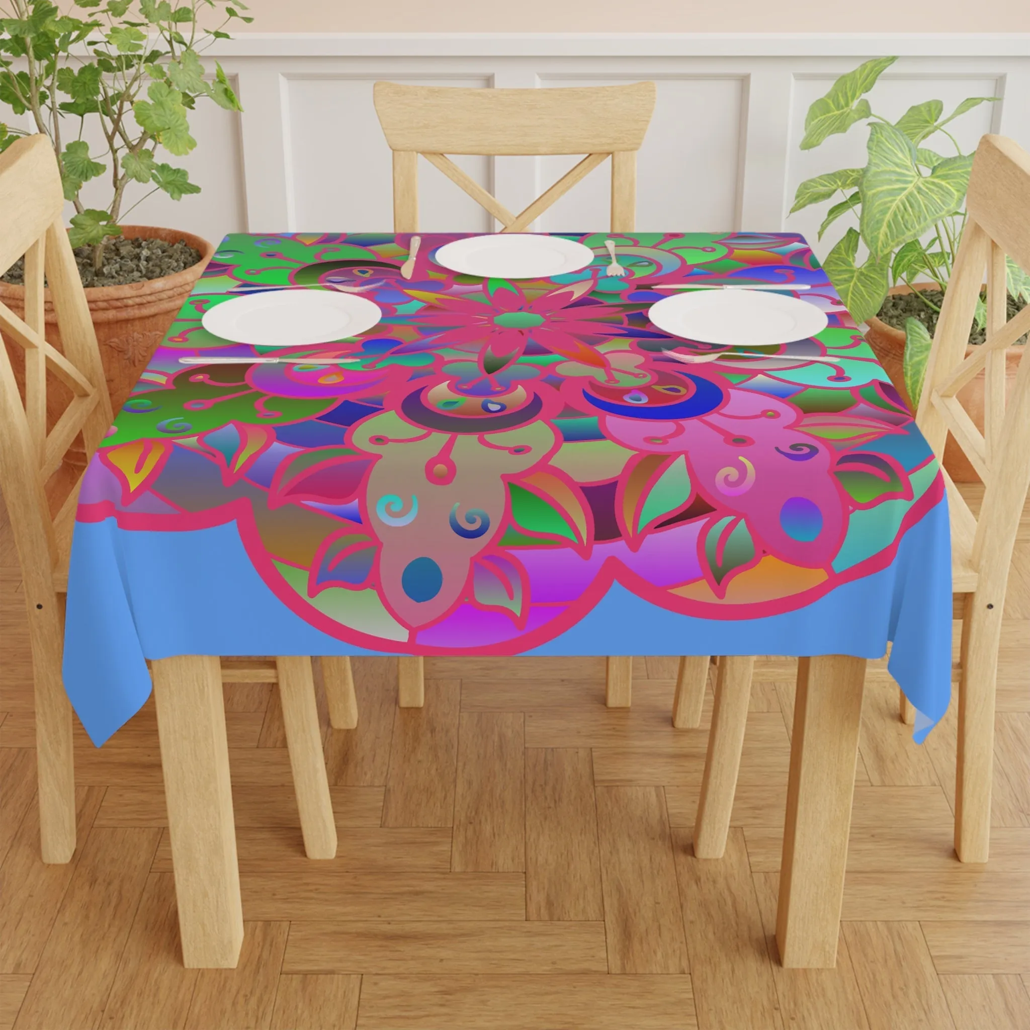 Handmade Mandala Art Tablecloth, Light Blue Square