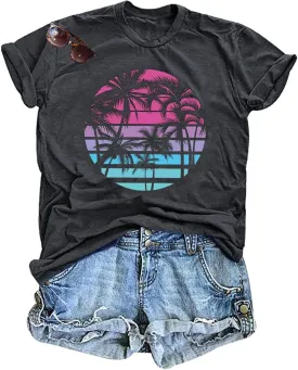 Hawaiian Shirts for Women Palm Trees Beach Graphic Tee Tops Summer Vacation Short Sleeve Tshirt Tops