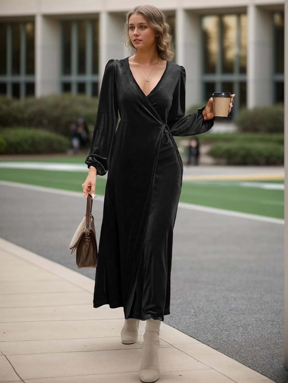 IFFEI Women's V-Neck Velvet Dress Fall Winter Wrap Cocktail Party Dresses Long Sleeve Maxi Dress