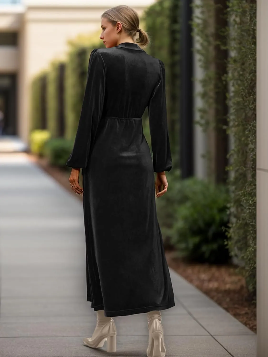 IFFEI Women's V-Neck Velvet Dress Fall Winter Wrap Cocktail Party Dresses Long Sleeve Maxi Dress