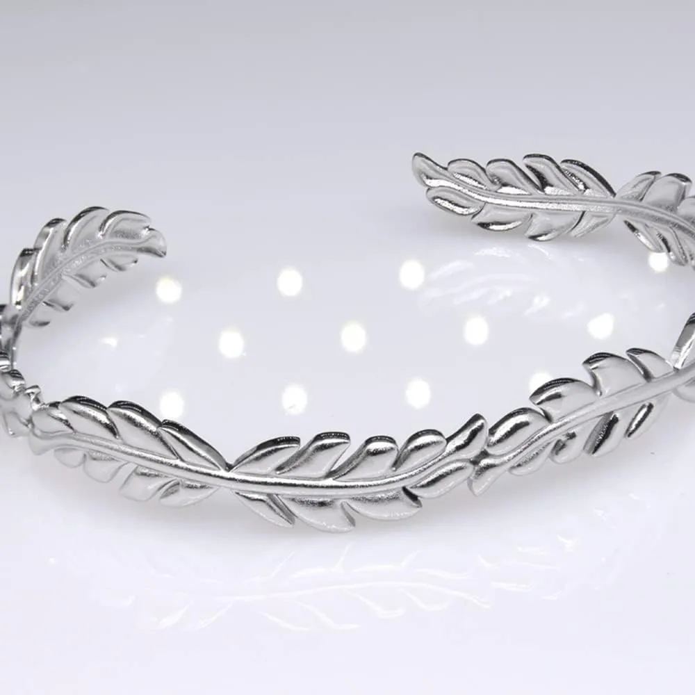 Jude Jewelers Stainless Steel Open Cuff Olive Tree Leaf Style Adjustable Size Bangle Bracelet