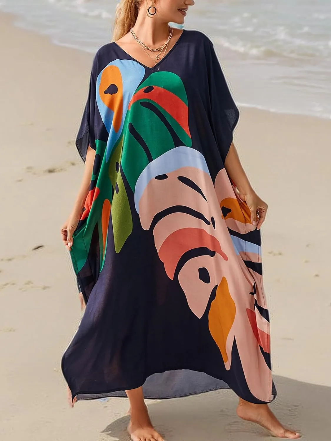 Kaftan Dresses for Women Plus Size Bathing Suit Cover up Vneck Batwing Dress Loose fit Moroccan Caftan mumu Dresses