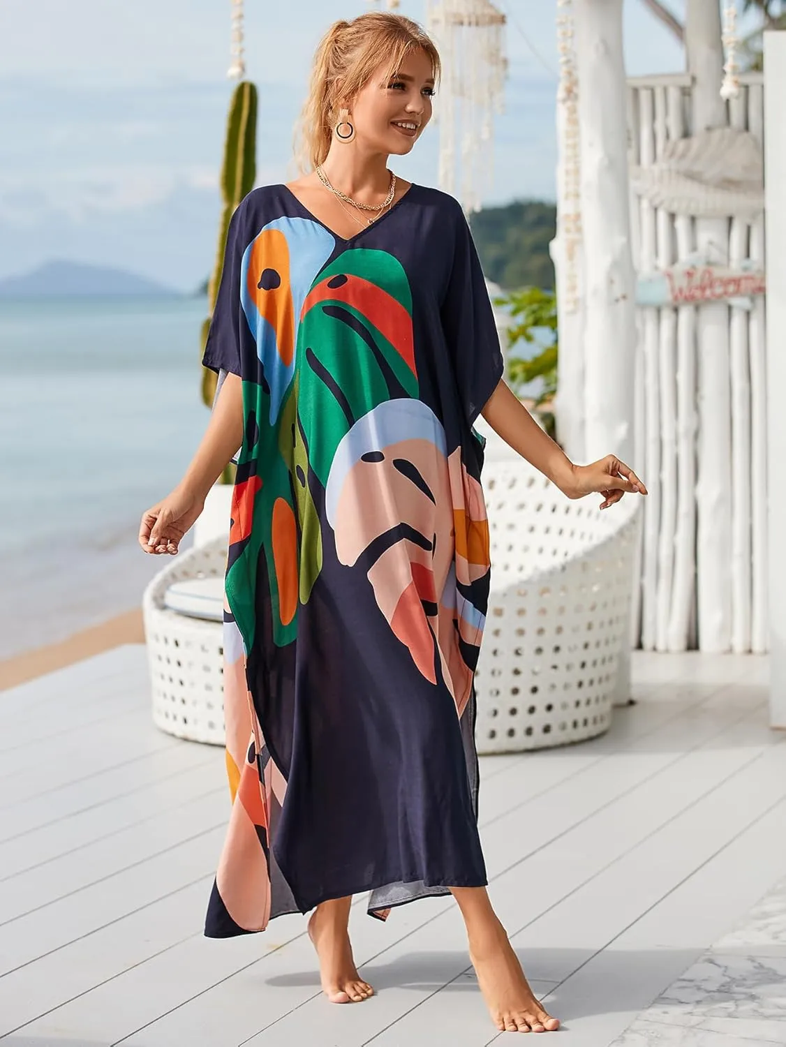 Kaftan Dresses for Women Plus Size Bathing Suit Cover up Vneck Batwing Dress Loose fit Moroccan Caftan mumu Dresses