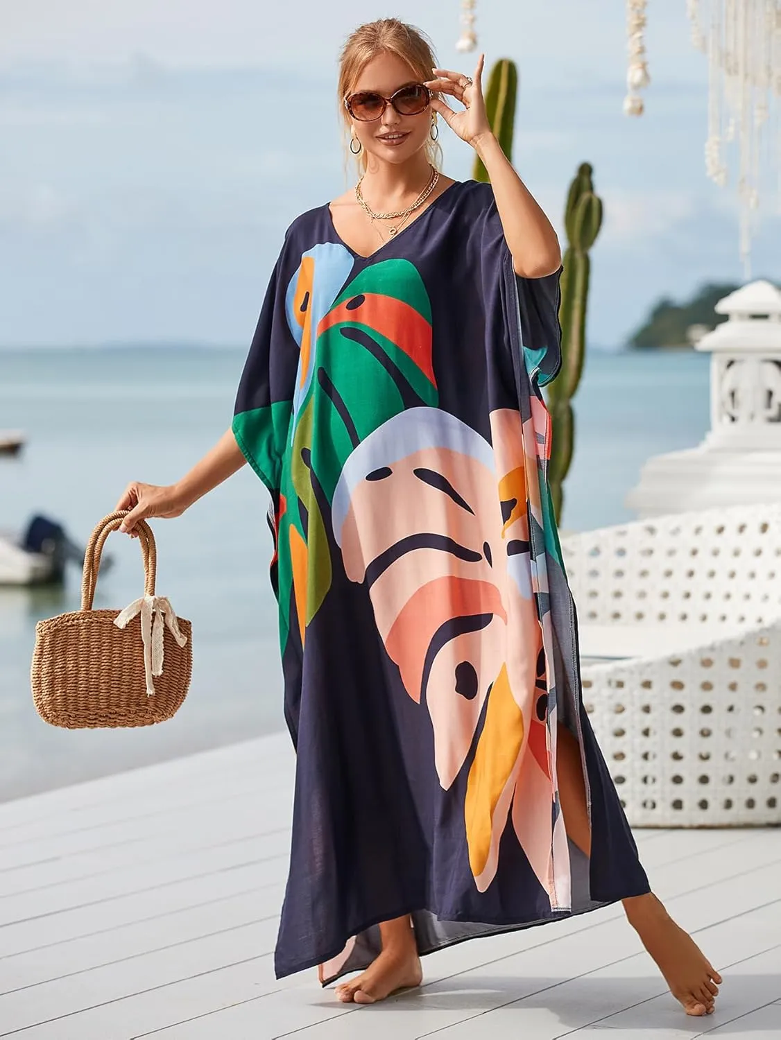 Kaftan Dresses for Women Plus Size Bathing Suit Cover up Vneck Batwing Dress Loose fit Moroccan Caftan mumu Dresses