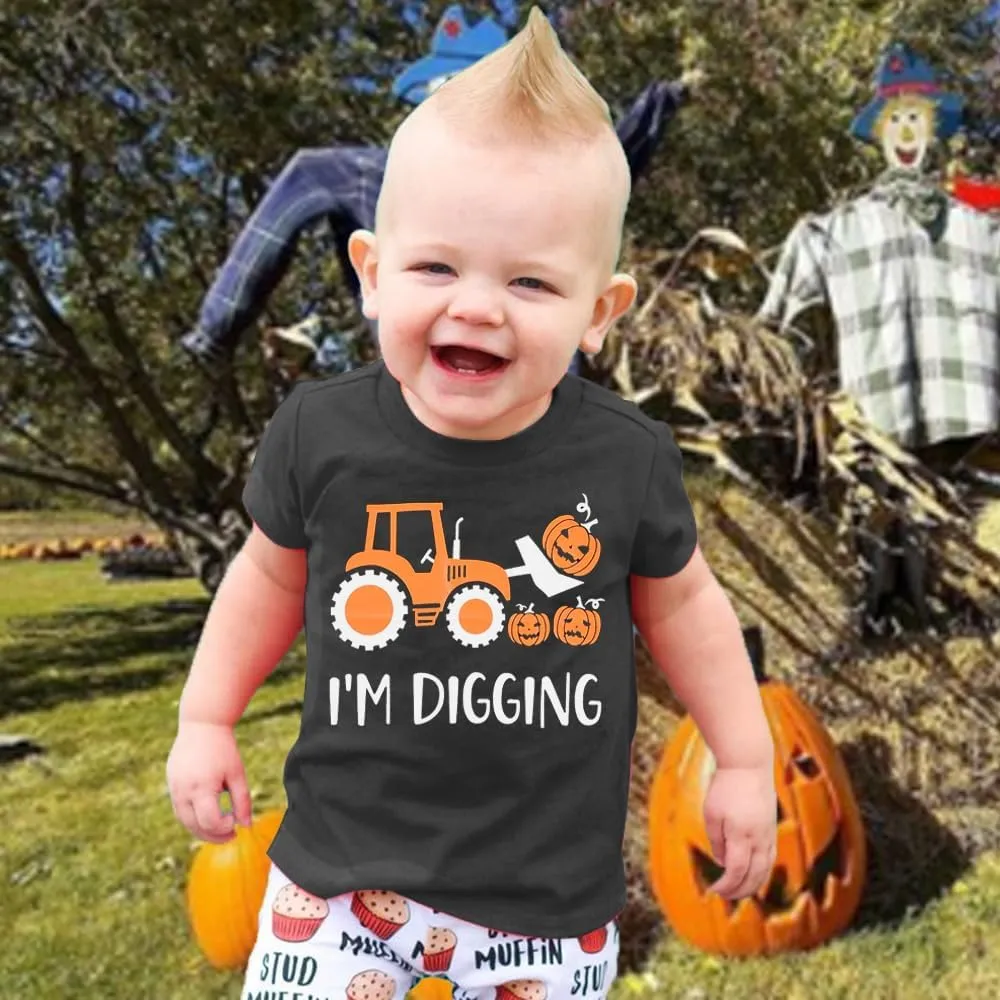 Kids Glow in The Dark Skeleton T-Shirt Toddler Pumpkin Tees Excavator Tops for Boys 2-8 Years