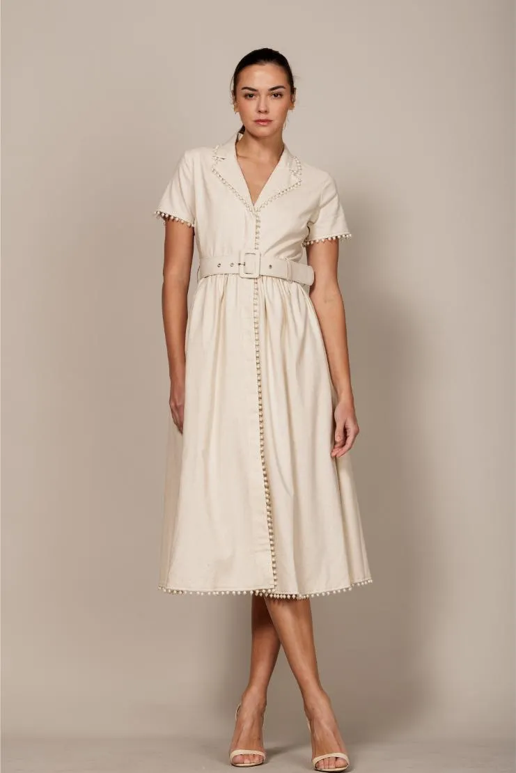 Mary Jane Pearl Trimmed Linen Midi Dress - Ivory