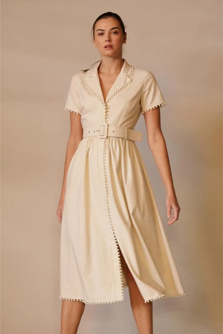 Mary Jane Pearl Trimmed Linen Midi Dress - Ivory