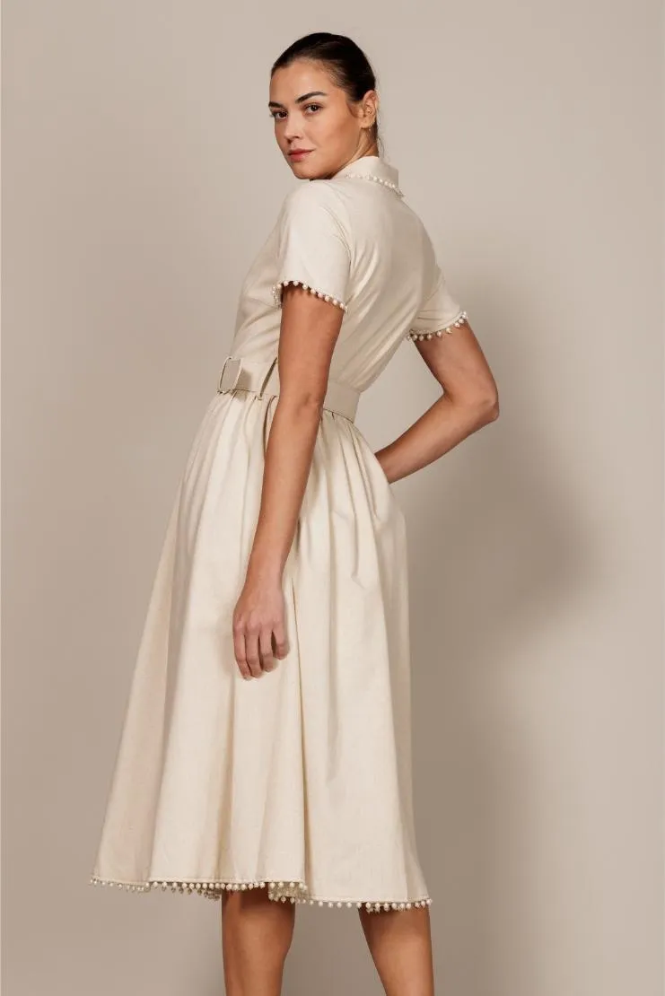 Mary Jane Pearl Trimmed Linen Midi Dress - Ivory