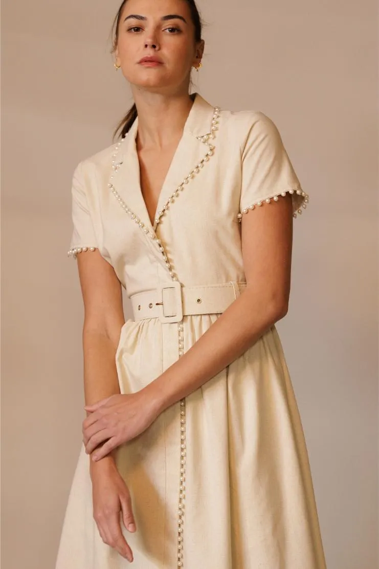 Mary Jane Pearl Trimmed Linen Midi Dress - Ivory