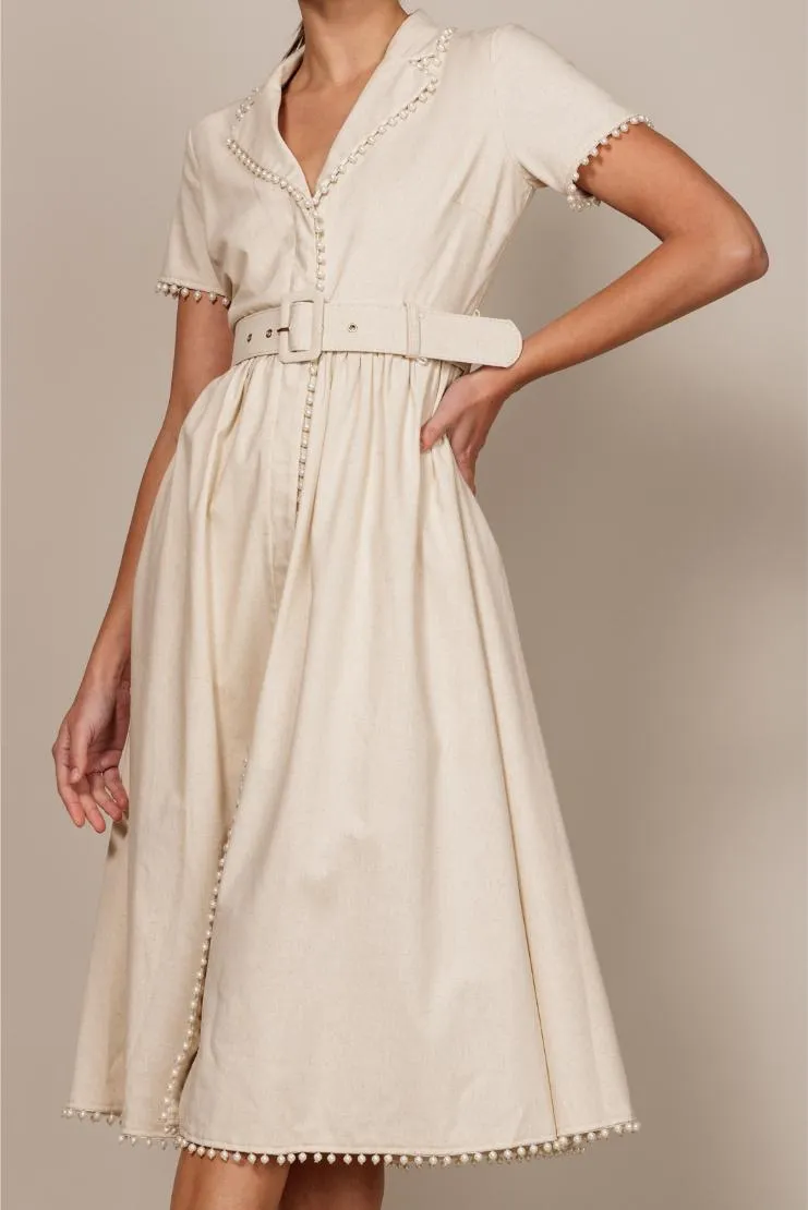 Mary Jane Pearl Trimmed Linen Midi Dress - Ivory
