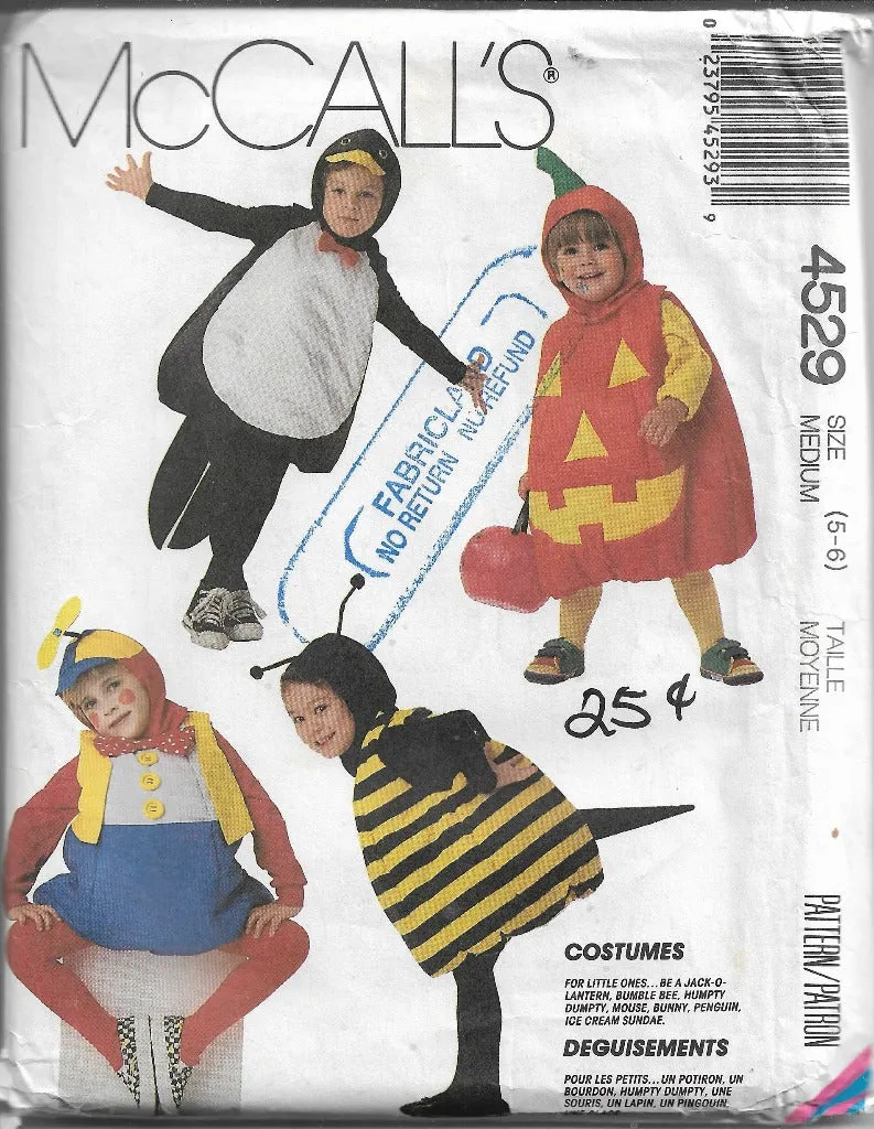 McCall's 4529 Child Jack O Lantern Bee Mouse Bunny Penguin Halloween Costume Pattern