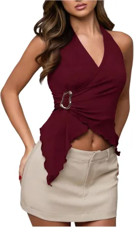 Milumia Women's Buckle Decor Wrap V Neck Halter Top Asymmetrical Hem Tie Backless Tank Tops