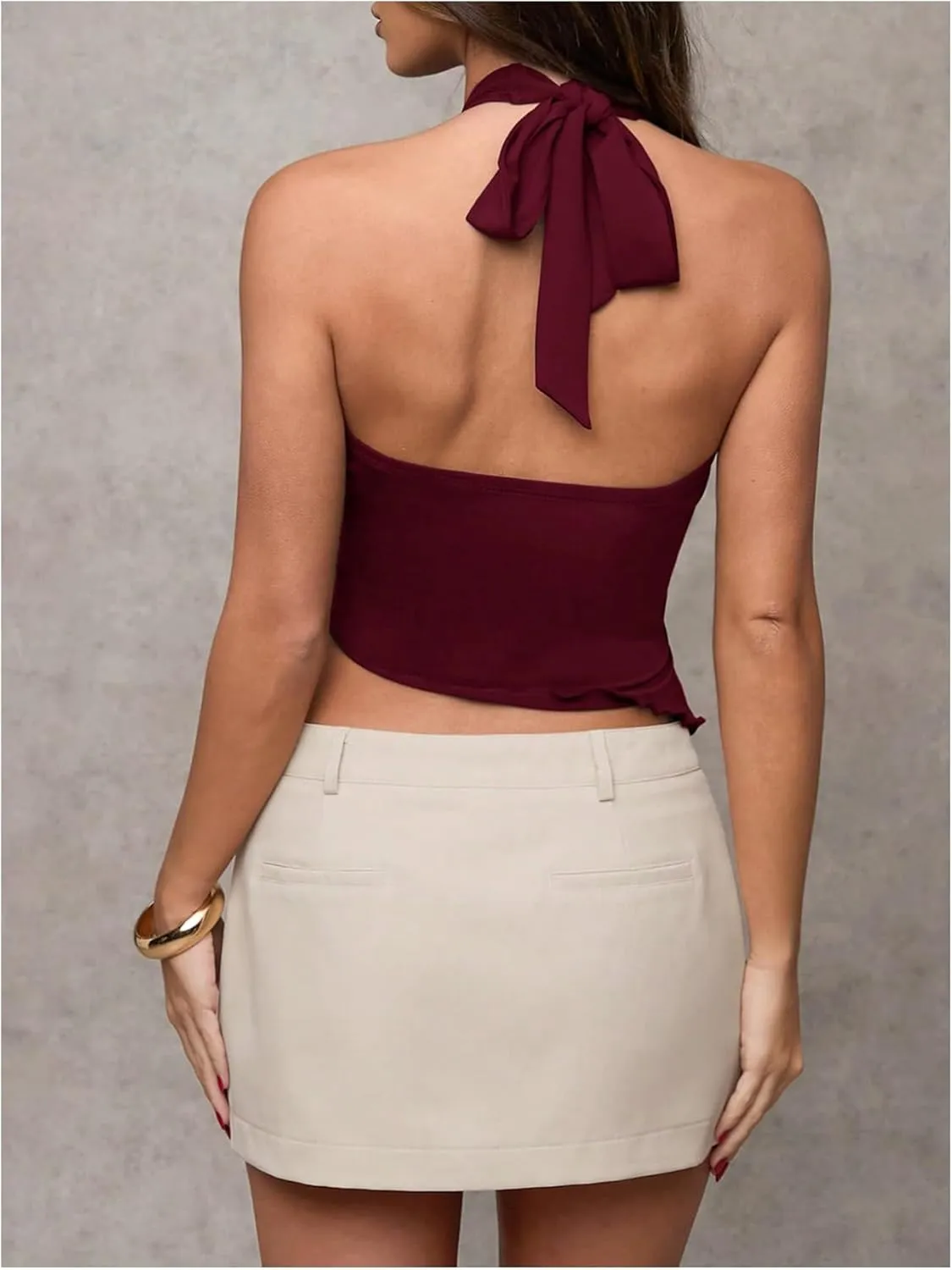 Milumia Women's Buckle Decor Wrap V Neck Halter Top Asymmetrical Hem Tie Backless Tank Tops