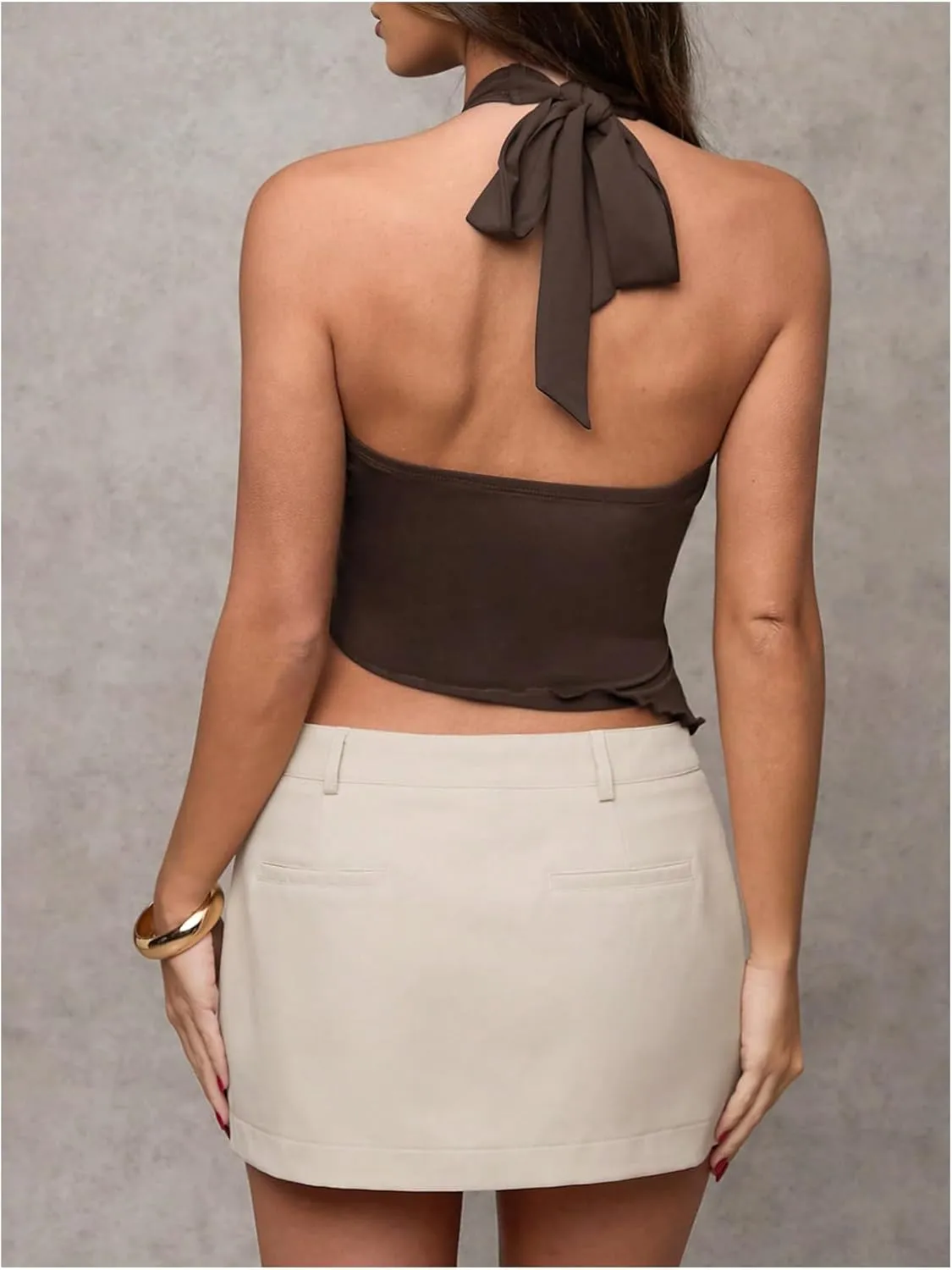 Milumia Women's Buckle Decor Wrap V Neck Halter Top Asymmetrical Hem Tie Backless Tank Tops